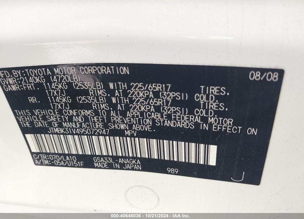 2009 TOYOTA RAV4 LIMITED V6 VIN: JTMBK31V495072947
