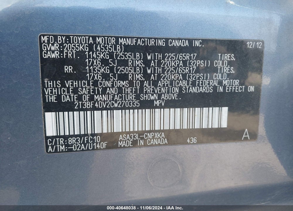 2012 TOYOTA RAV4 VIN: 2T3BF4DV2CW270335