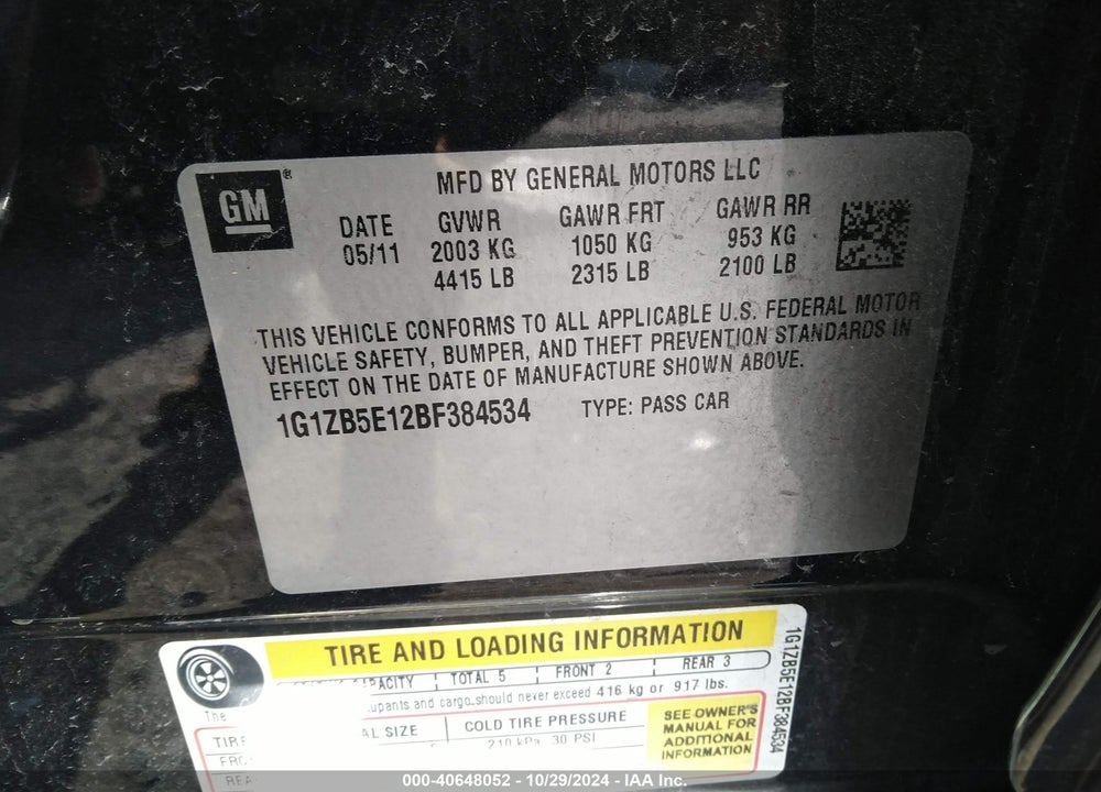 2011 CHEVROLET MALIBU LS VIN: 1G1ZB5E12BF384534