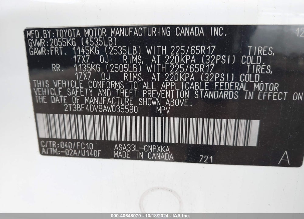 2010 TOYOTA RAV4 VIN: 2T3BF4DV9AW035590