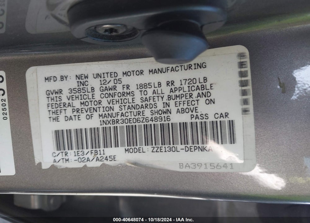 2006 TOYOTA COROLLA LE VIN: 1NXBR30E06Z648916