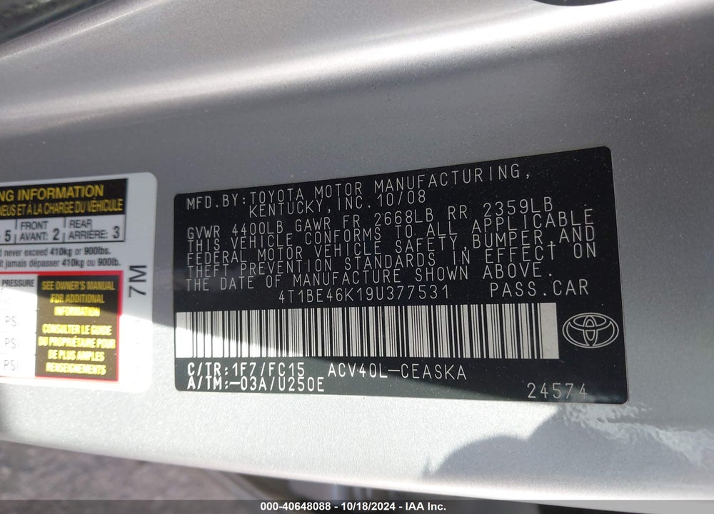 2009 TOYOTA CAMRY SE VIN: 4T1BE46K19U377531