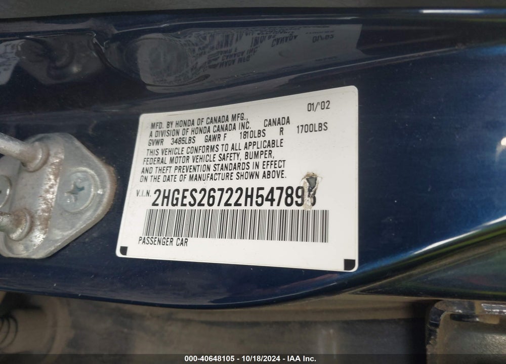 2002 HONDA CIVIC EX VIN: 2HGES26722H547898