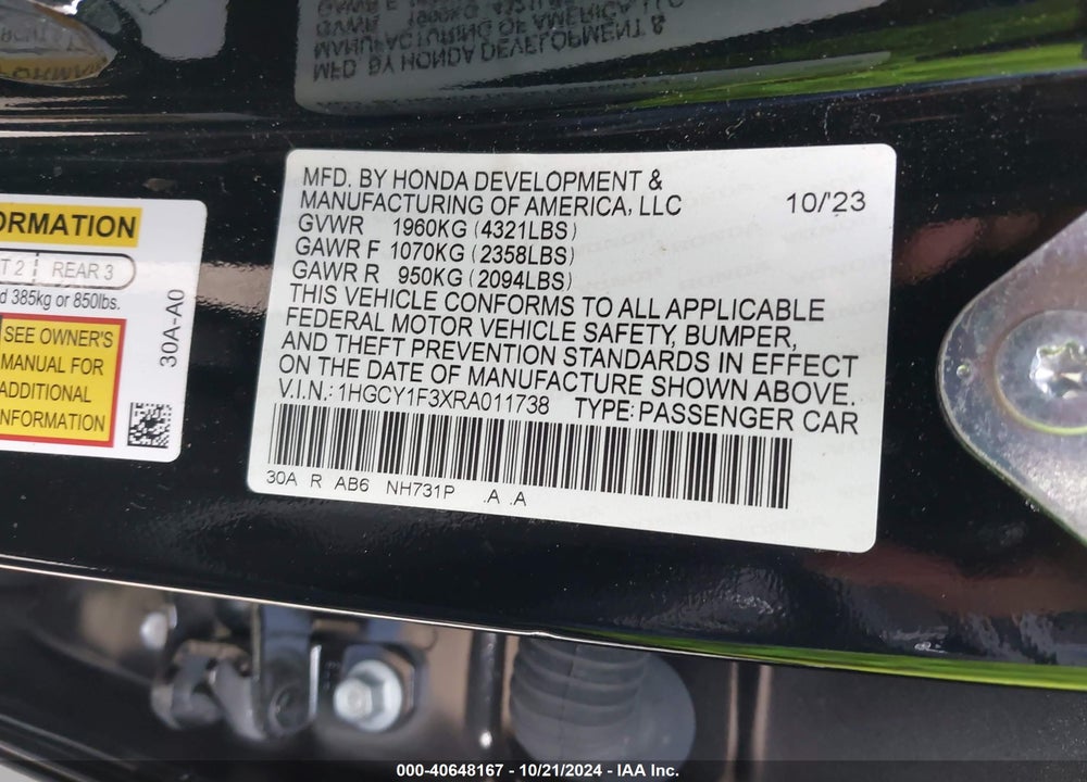 2024 HONDA ACCORD VIN: 1HGCY1F3XRA011738