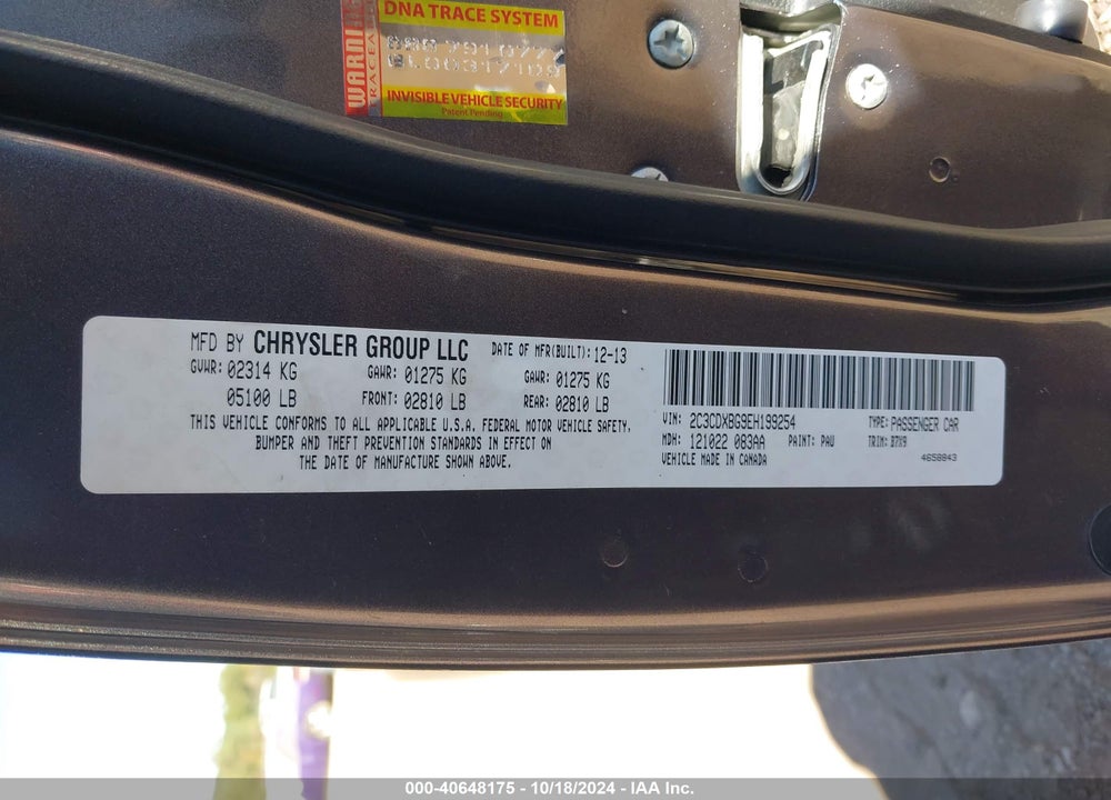 2014 DODGE CHARGER SE VIN: 2C3CDXBG9EH199254