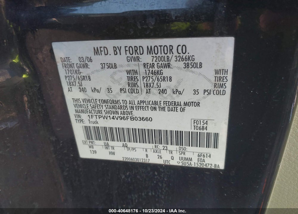 2006 FORD F-150 FX4/LARIAT/XLT VIN: 1FTPW14V96FB03660