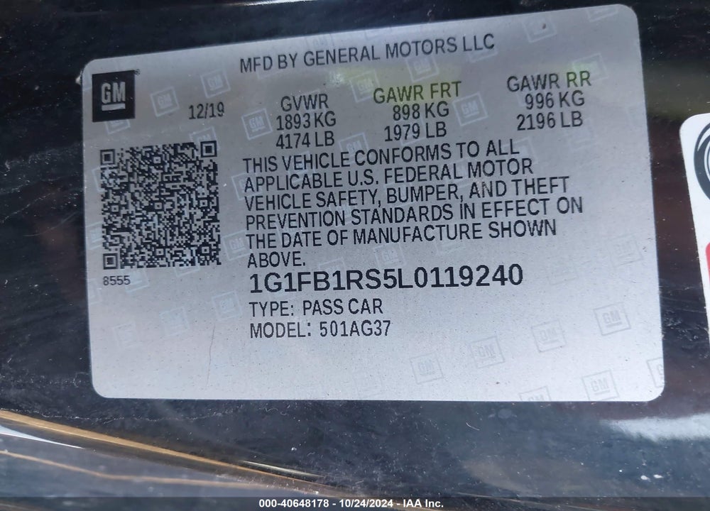 2020 CHEVROLET CAMARO RWD 1LT VIN: 1G1FB1RS5L0119240