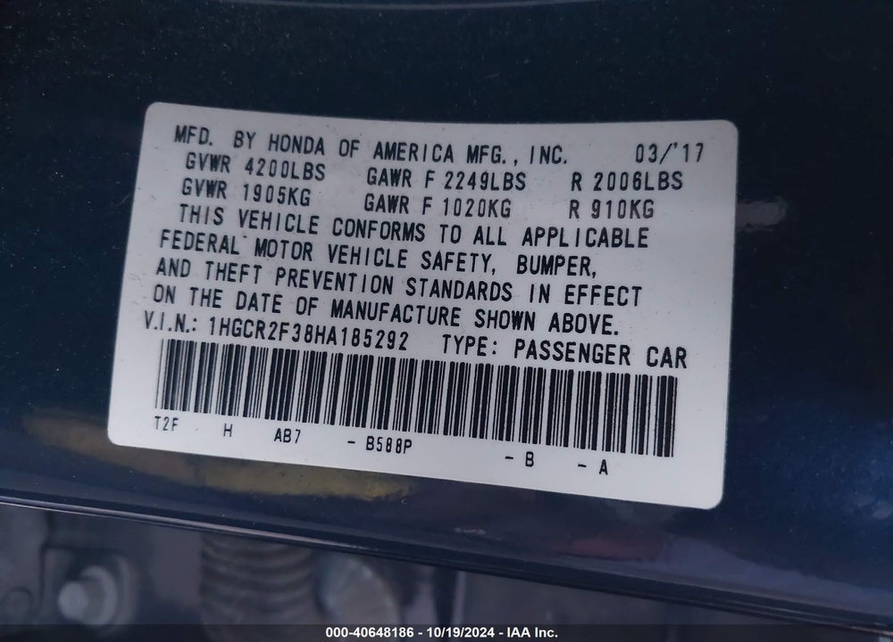 2017 HONDA ACCORD LX VIN: 1HGCR2F38HA185292