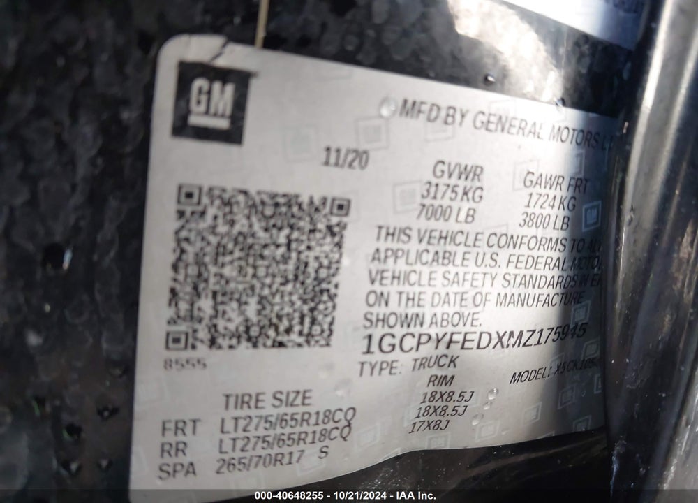 2021 CHEVROLET SILVERADO 1500 4WD SHORT BED LT TRAIL BOSS VIN: 1GCPYFEDXMZ175945
