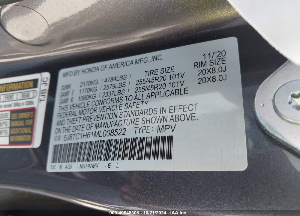 2021 ACURA RDX A-SPEC PACKAGE VIN: 5J8TC1H61ML008522