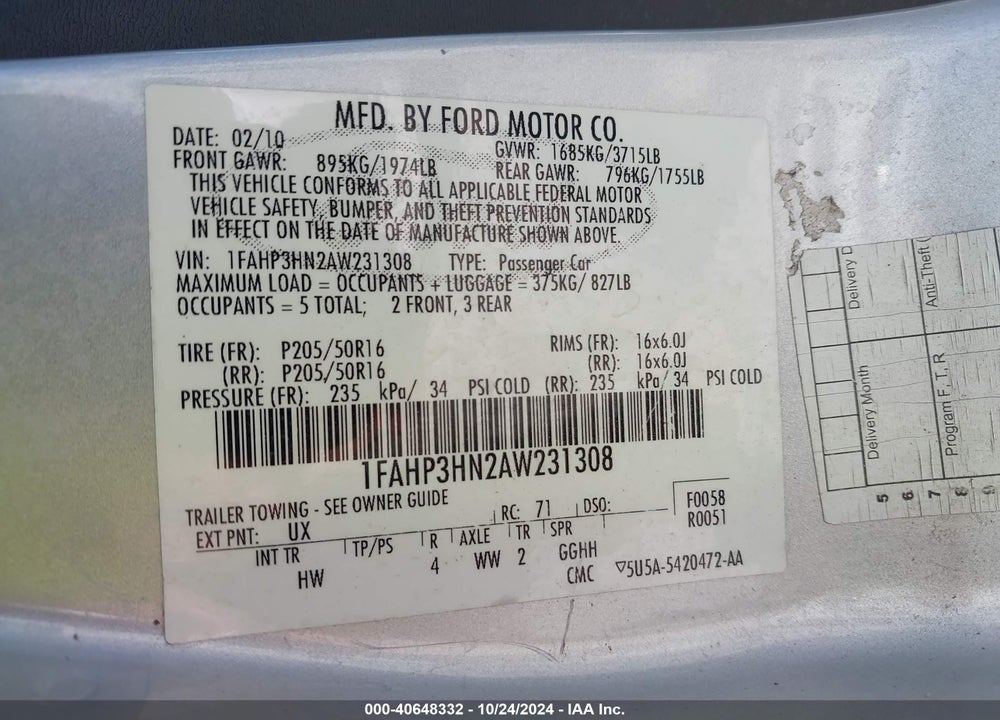 2010 FORD FOCUS SEL VIN: 1FAHP3HN2AW231308
