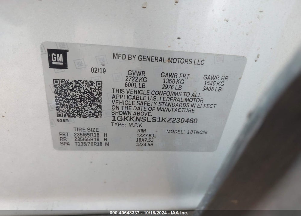 2019 GMC ACADIA SLE-2 VIN: 1GKKNSLS1KZ230460
