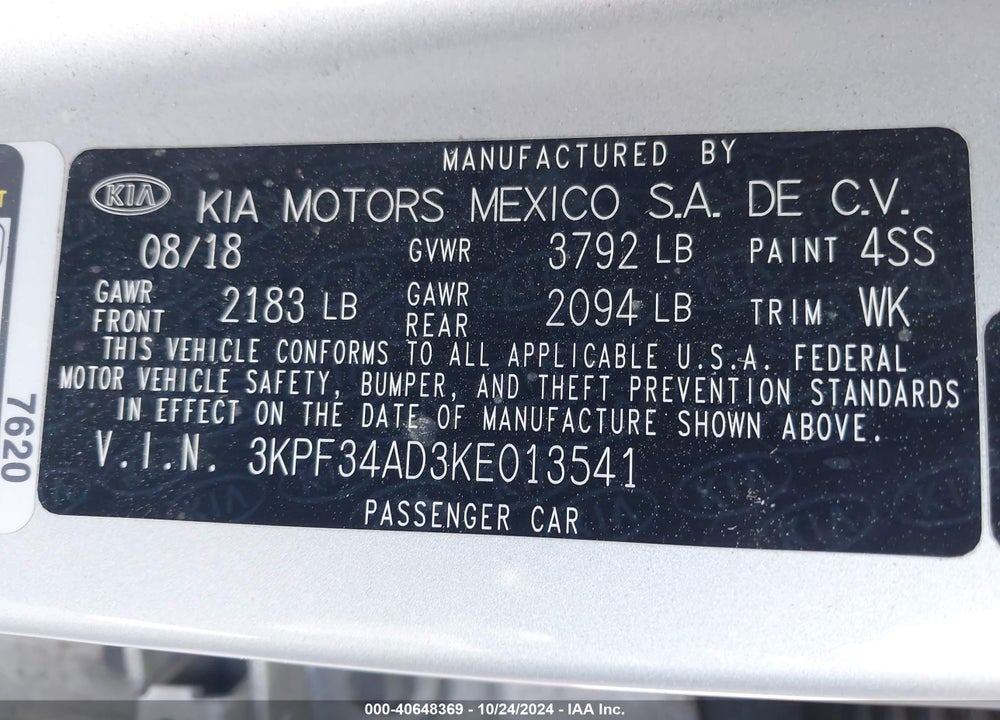 2019 KIA FORTE S VIN: 3KPF34AD3KE013541