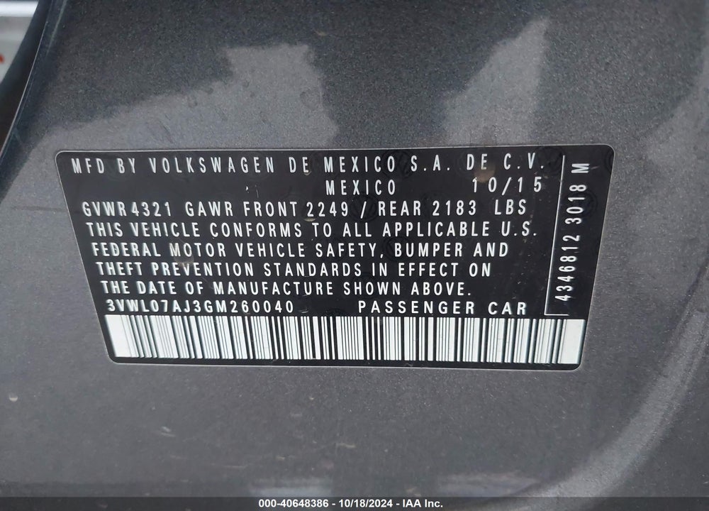 2016 VOLKSWAGEN JETTA 1.8T SEL VIN: 3VWL07AJ3GM260040