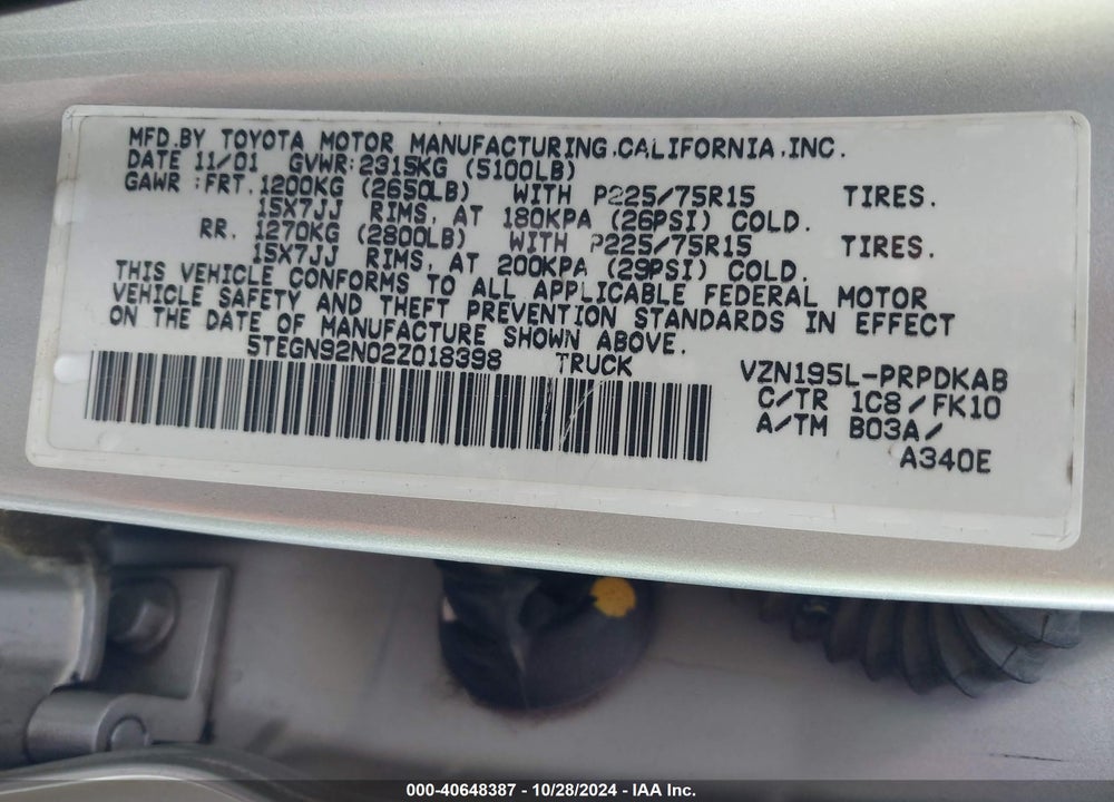 2002 TOYOTA TACOMA PRERUNNER V6 VIN: 5TEGN92N02Z018398