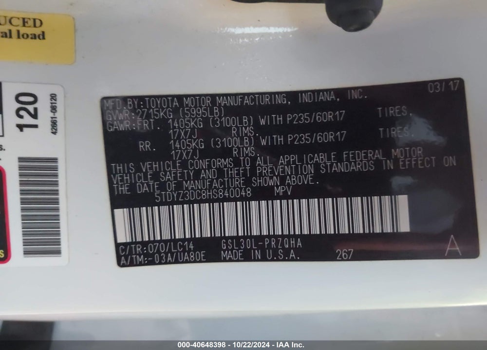 2017 TOYOTA SIENNA XLE 8 PASSENGER VIN: 5TDYZ3DC8HS840048
