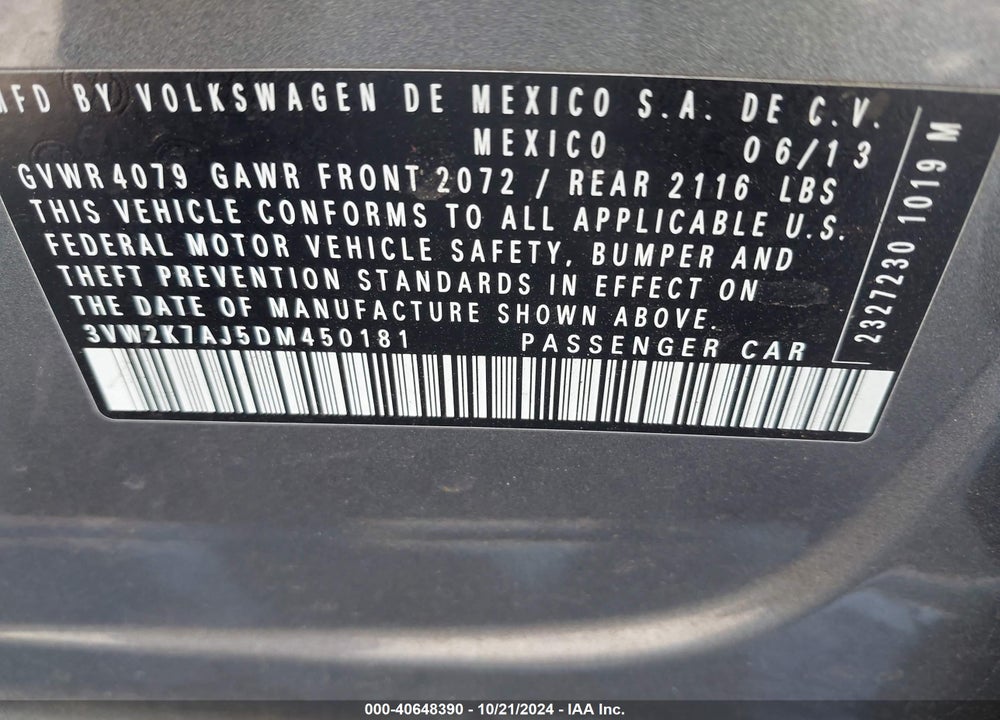 2013 VOLKSWAGEN JETTA 2.0L BASE/2.0L S VIN: 3VW2K7AJ5DM450181