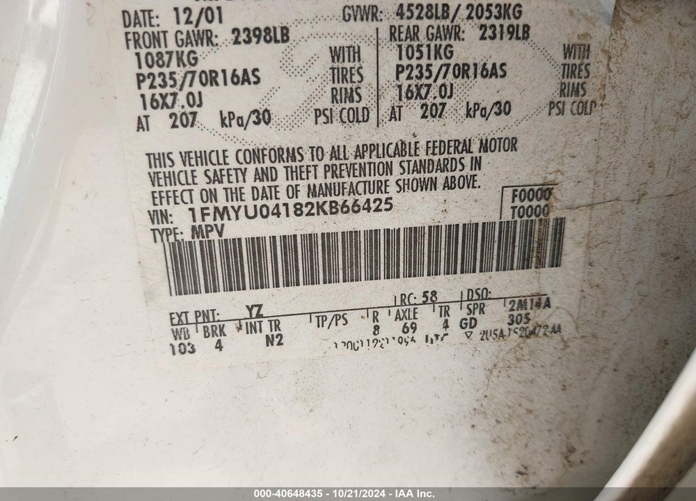 2002 FORD ESCAPE XLT VIN: 1FMYU04182KB66425
