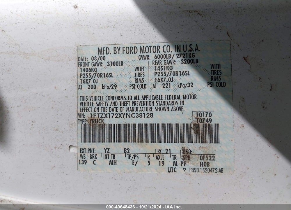 2000 FORD F-150 WORK SERIES/XL/XLT VIN: 1FTZX172XYNC38128
