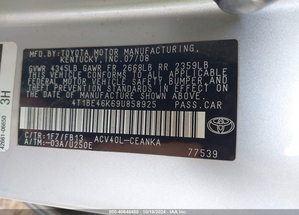 2009 TOYOTA CAMRY LE VIN: 4T1BE46K69U858925