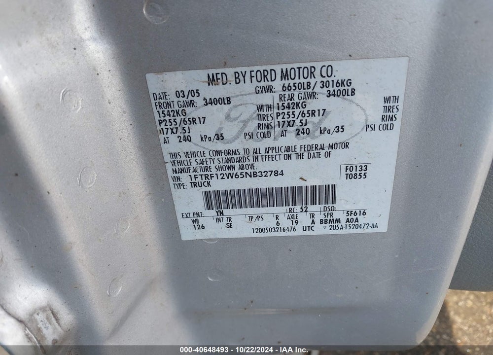 2005 FORD F-150 STX/XL/XLT VIN: 1FTRF12W65NB32784