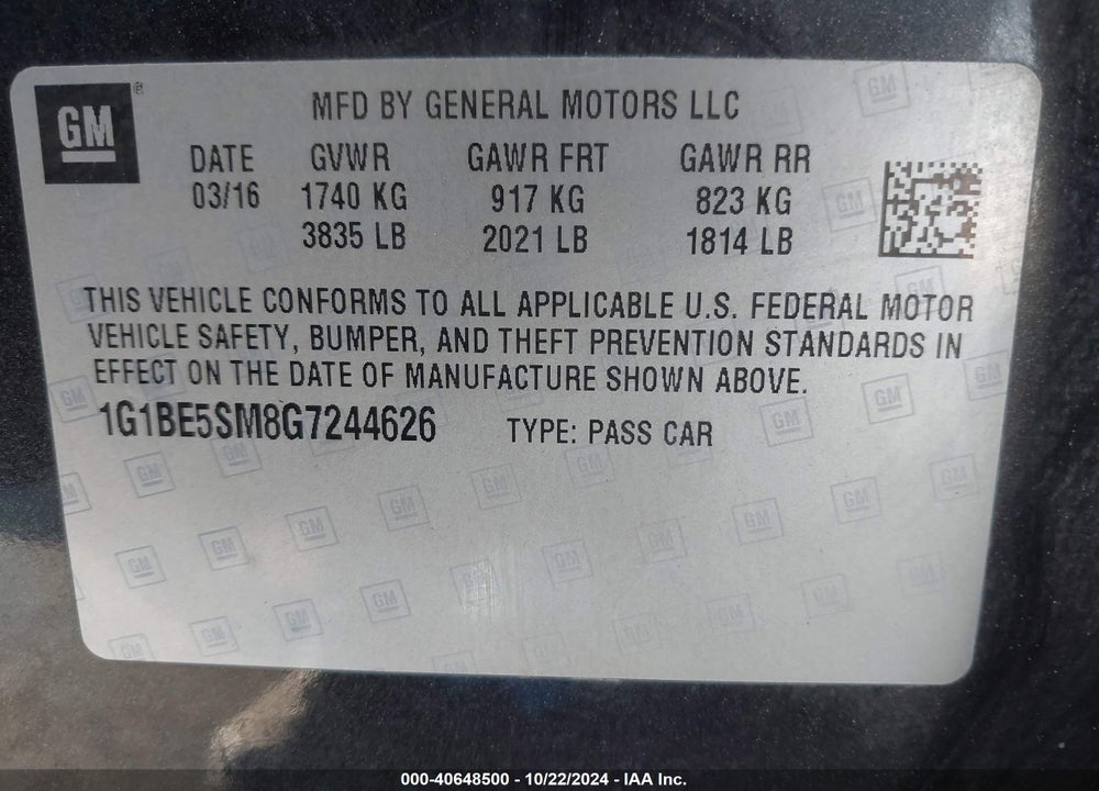 2016 CHEVROLET CRUZE LT AUTO VIN: 1G1BE5SM8G7244626