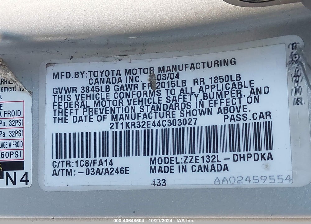 2004 TOYOTA MATRIX STANDARD VIN: 2T1KR32E44C303027