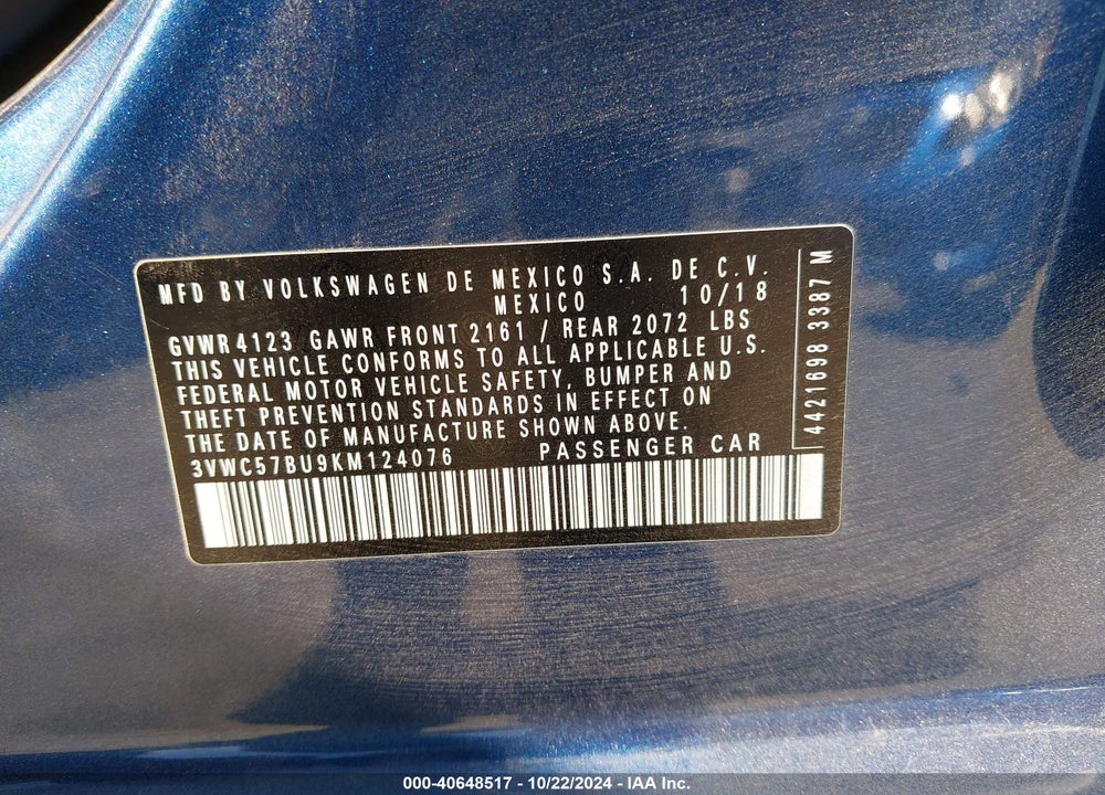 2019 VOLKSWAGEN JETTA 1.4T R-LINE/1.4T S/1.4T SE VIN: 3VWC57BU9KM124076