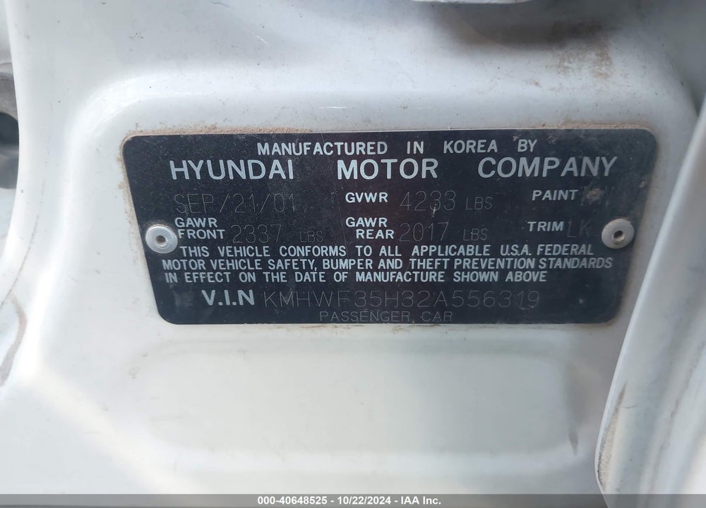 2002 HYUNDAI SONATA GLS/LX VIN: KMHWF35H32A556319
