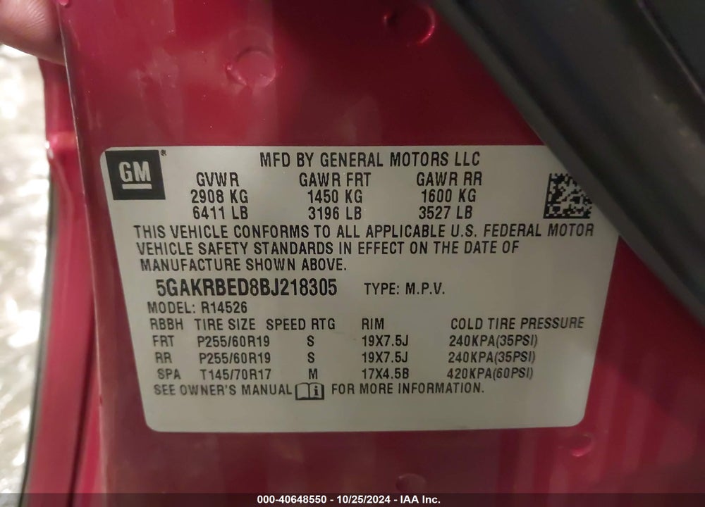 2011 BUICK ENCLAVE 1XL VIN: 5GAKRBED8BJ218305