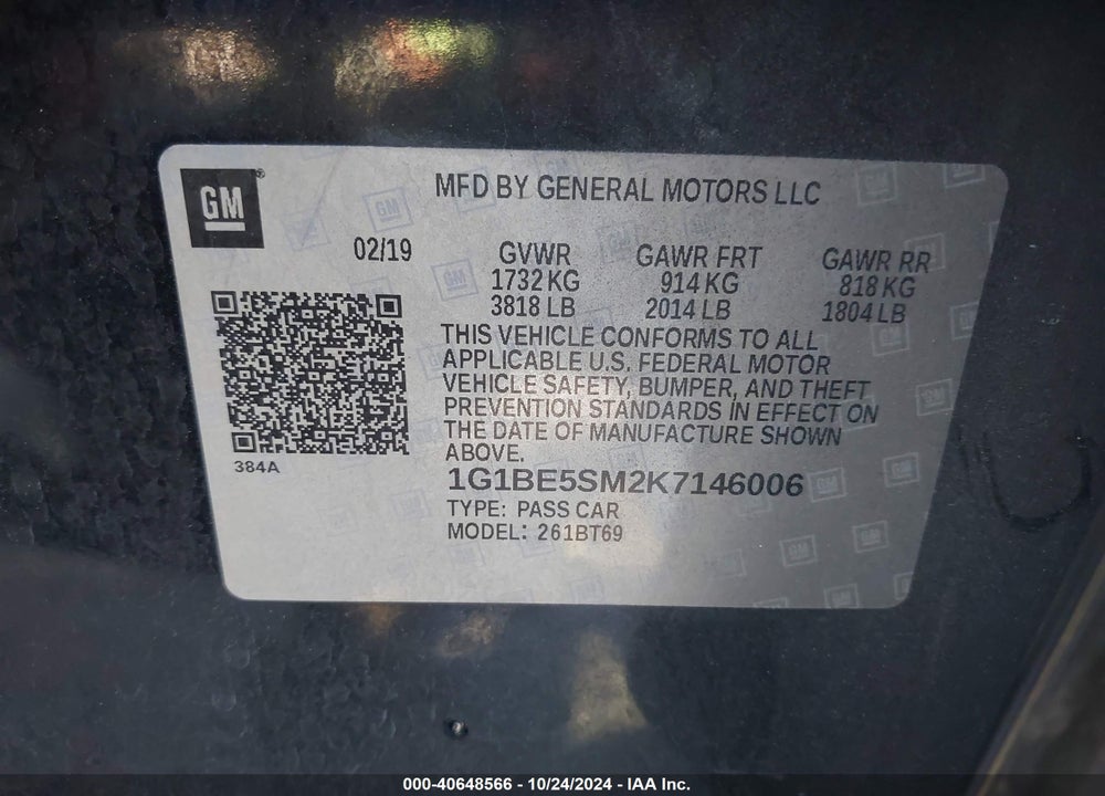 2019 CHEVROLET CRUZE LT VIN: 1G1BE5SM2K7146006