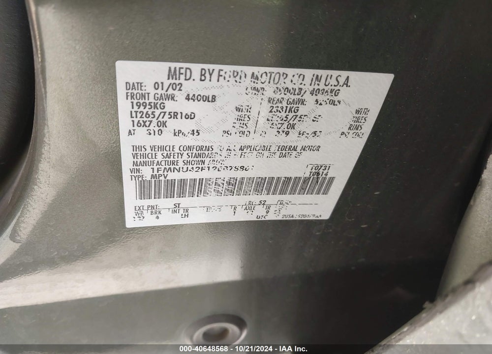 2002 FORD EXCURSION LIMITED VIN: 1FMNU42F12EB78861