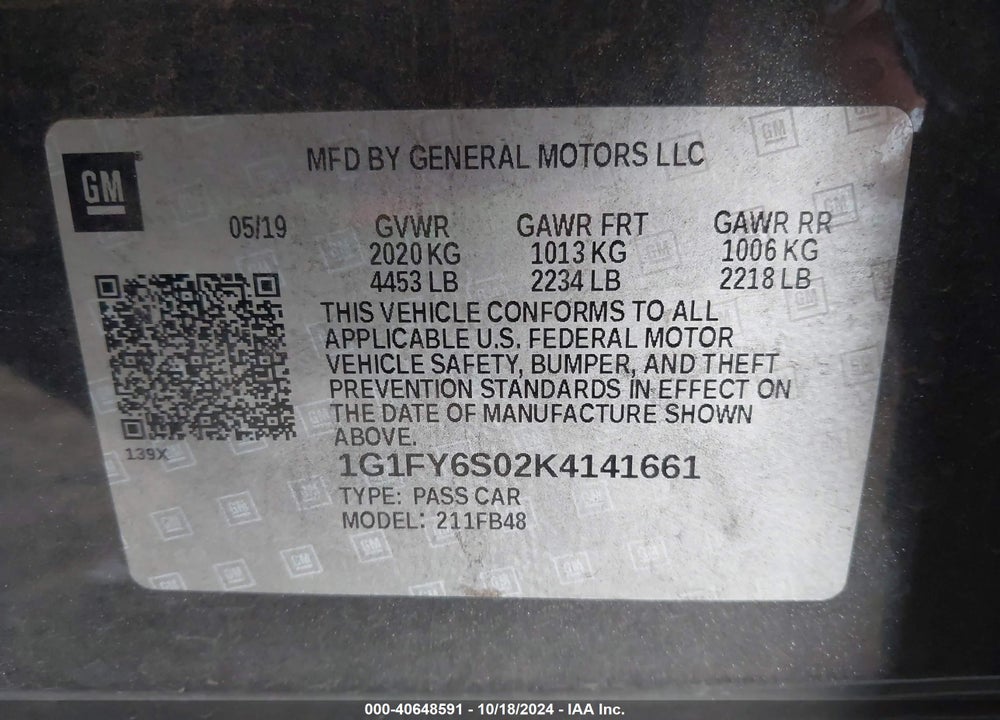 2019 CHEVROLET BOLT EV LT VIN: 1G1FY6S02K4141661