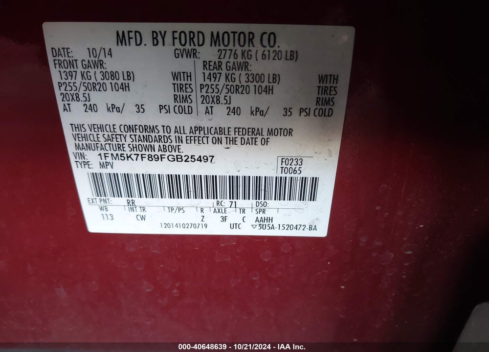 2015 FORD EXPLORER LIMITED VIN: 1FM5K7F89FGB25497