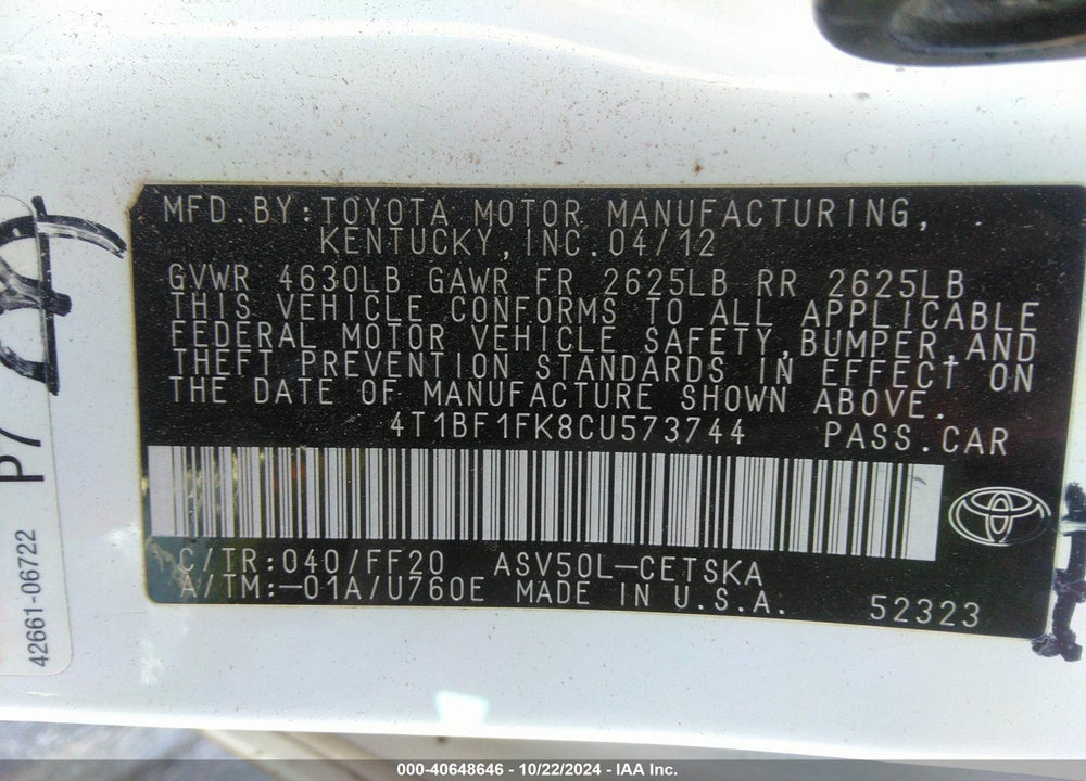 2012 TOYOTA CAMRY SE VIN: 4T1BF1FK8CU573744