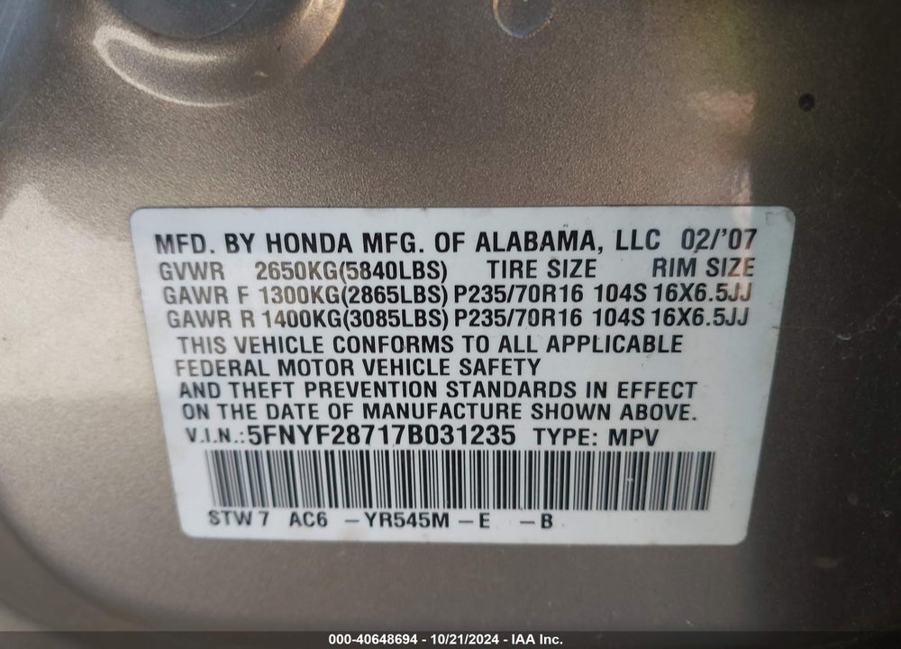 2007 HONDA PILOT EX-L VIN: 5FNYF28717B031235