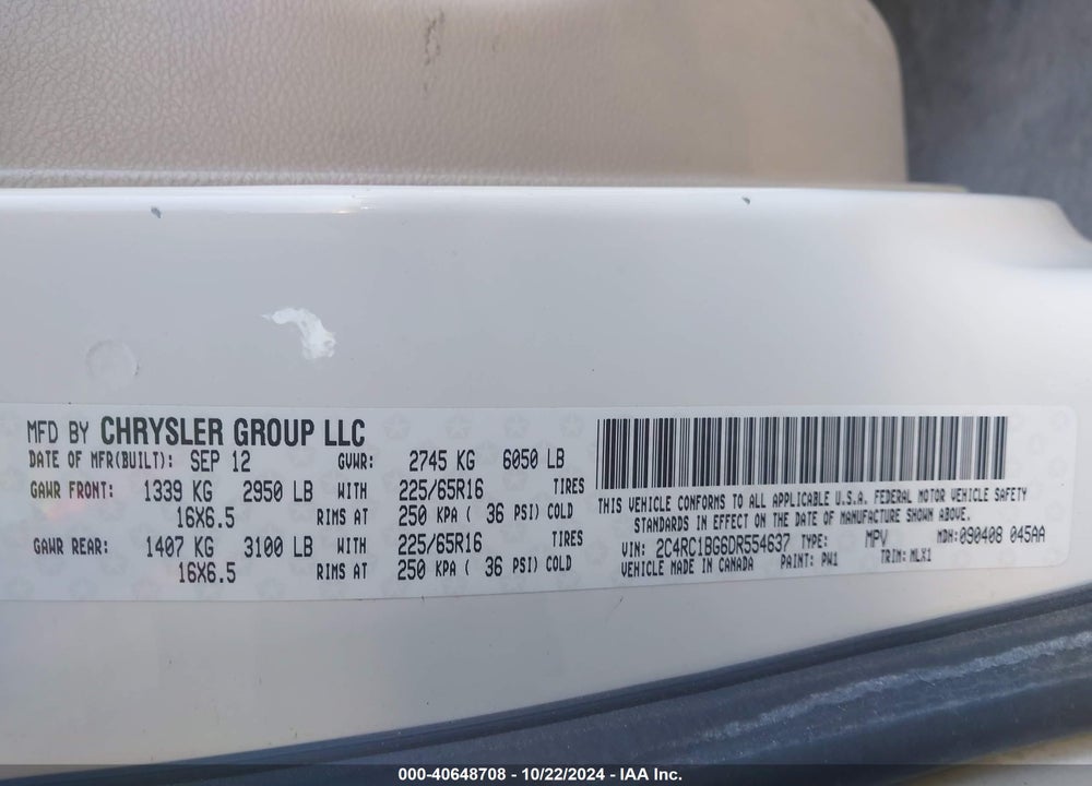 2013 CHRYSLER TOWN & COUNTRY TOURING VIN: 2C4RC1BG6DR554637