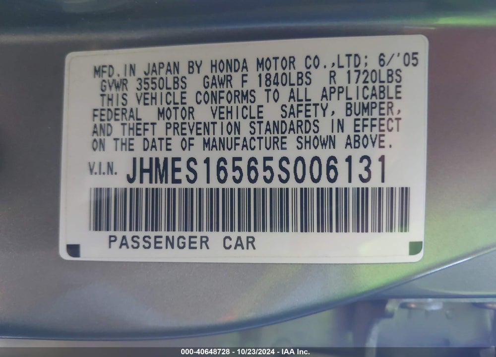 2005 HONDA CIVIC LX VIN: JHMES16565S006131
