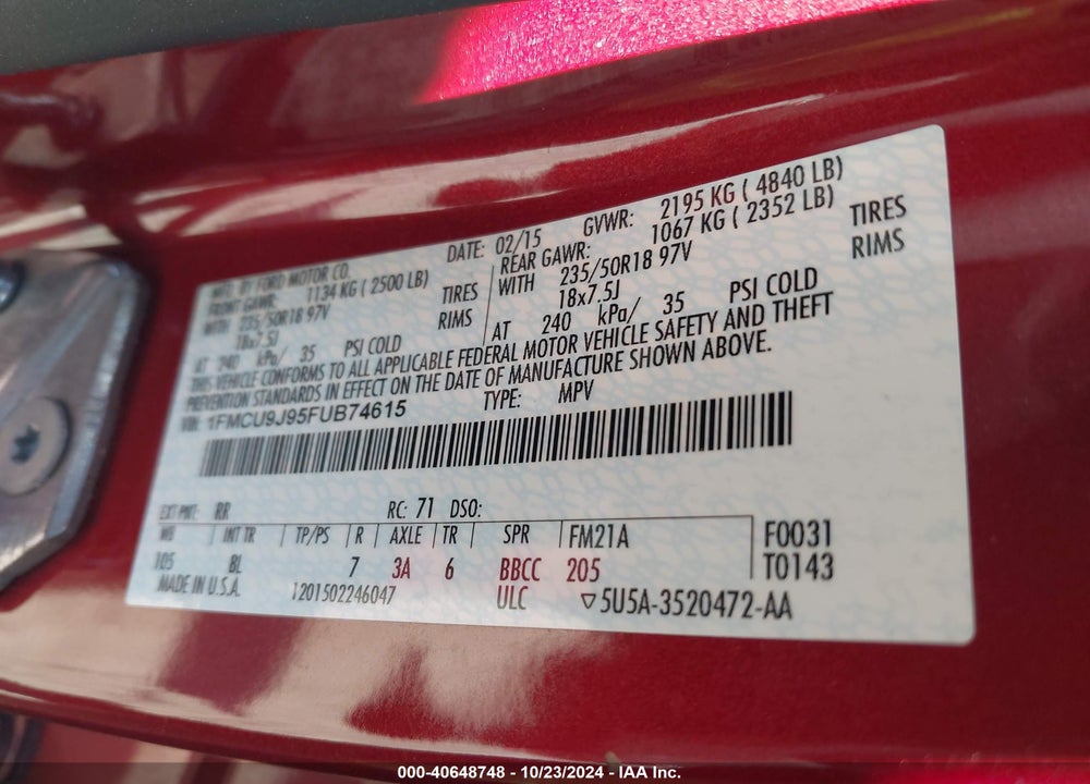 2015 FORD ESCAPE TITANIUM VIN: 1FMCU9J95FUB74615