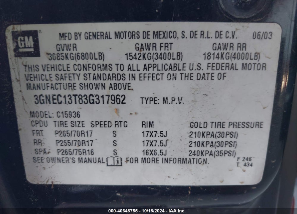 2003 CHEVROLET AVALANCHE 1500 VIN: 3GNEC13T83G317962