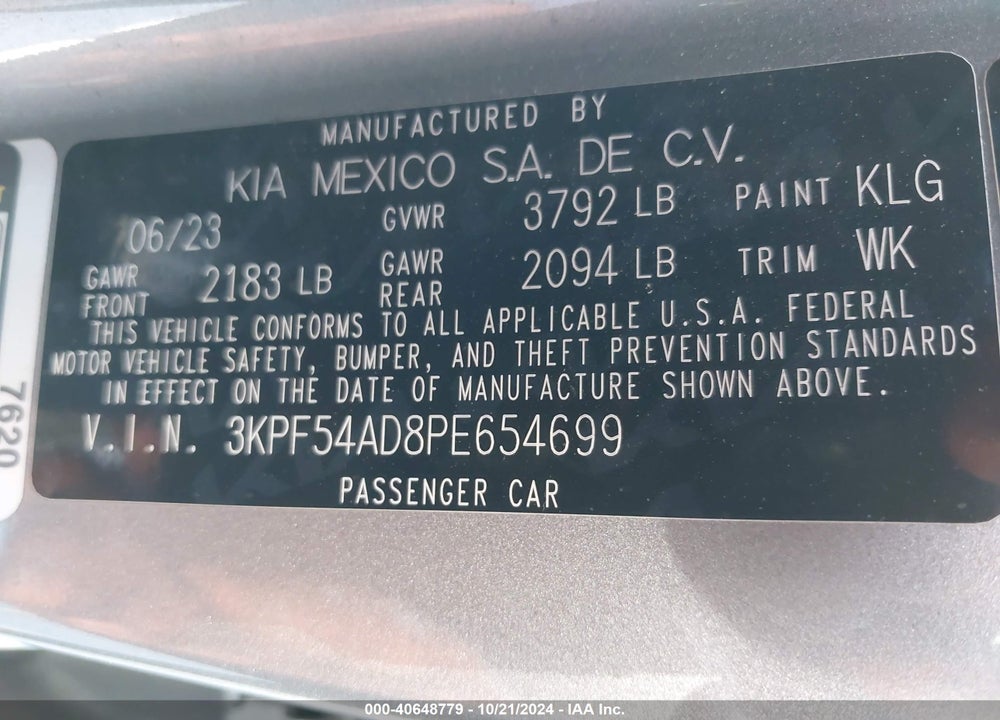 2023 KIA FORTE GT LINE VIN: 3KPF54AD8PE654699