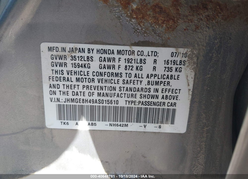 2010 HONDA FIT SPORT VIN: JHMGE8H49AS015610