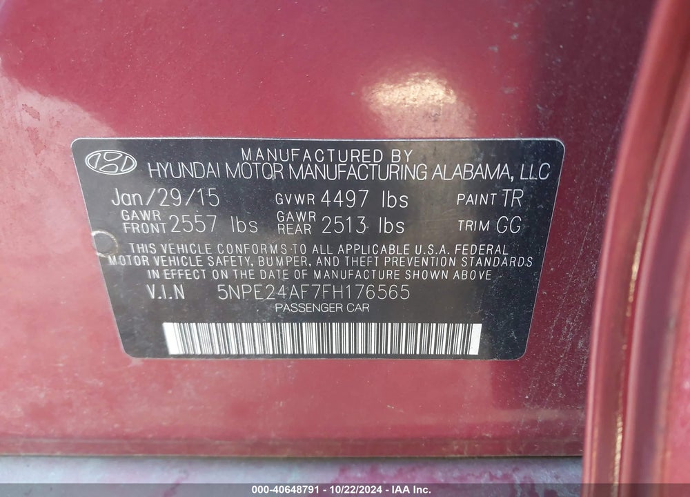 2015 HYUNDAI SONATA SE VIN: 5NPE24AF7FH176565