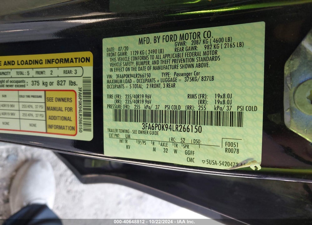 2020 FORD FUSION TITANIUM VIN: 3FA6P0K94LR266150