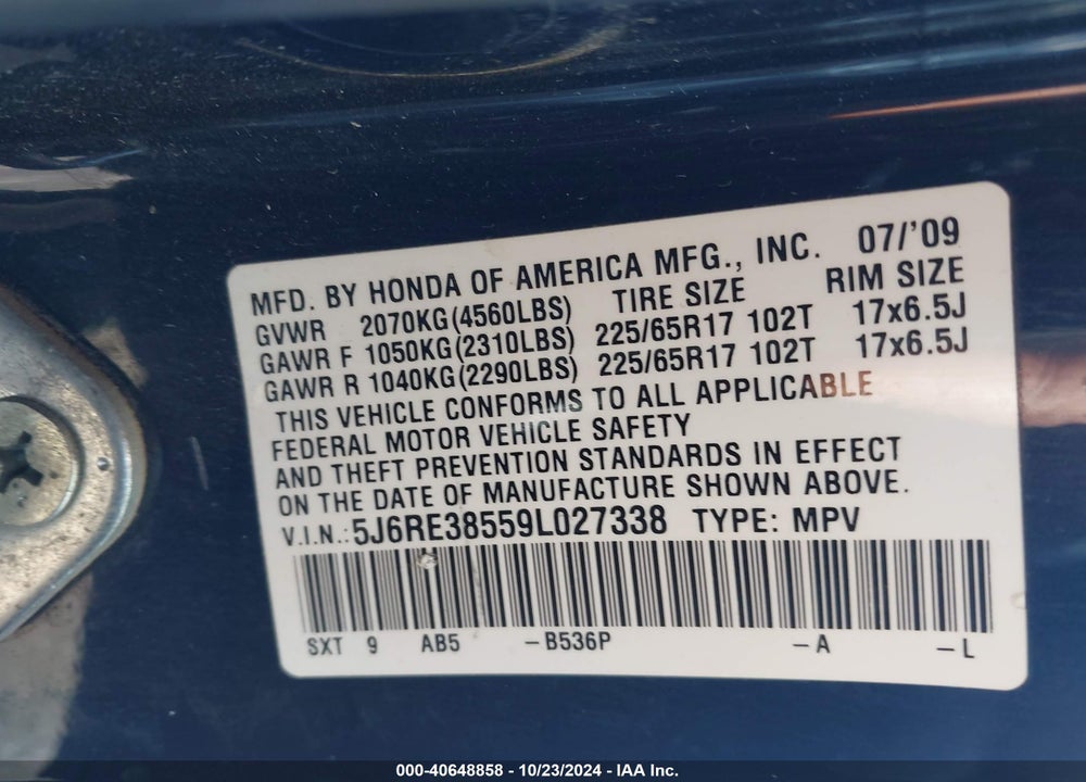 2009 HONDA CR-V EX VIN: 5J6RE38559L027338
