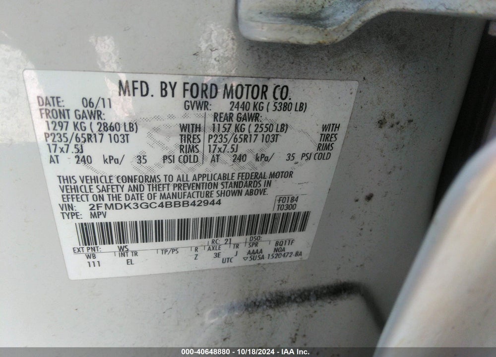 2011 FORD EDGE SE VIN: 2FMDK3GC4BBB42944