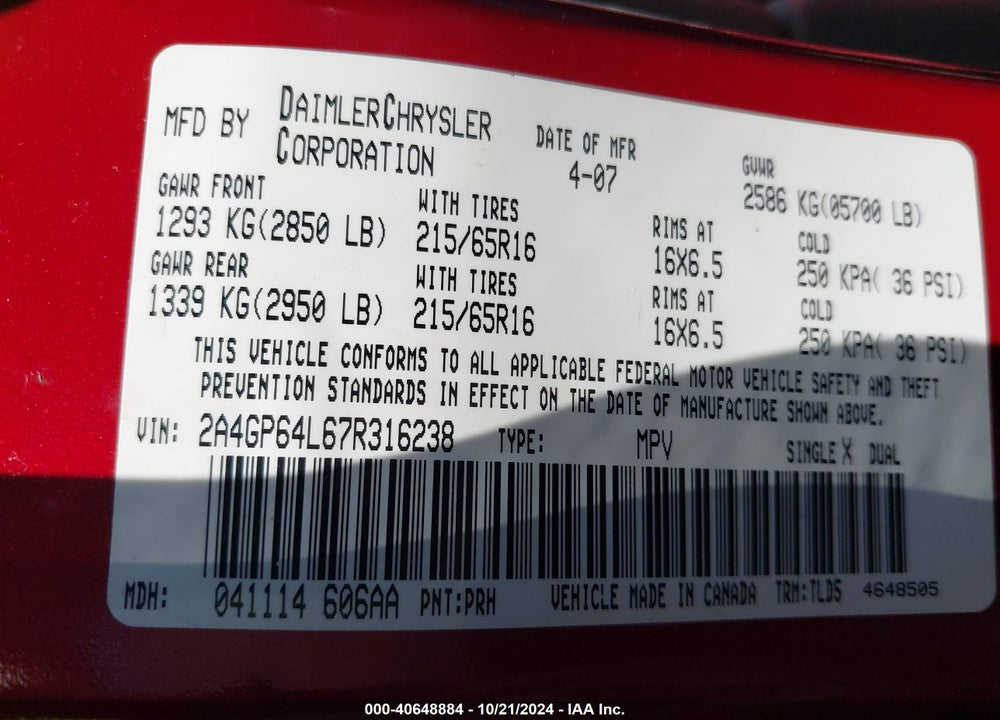 2007 CHRYSLER TOWN & COUNTRY LIMITED VIN: 2A4GP64L67R316238