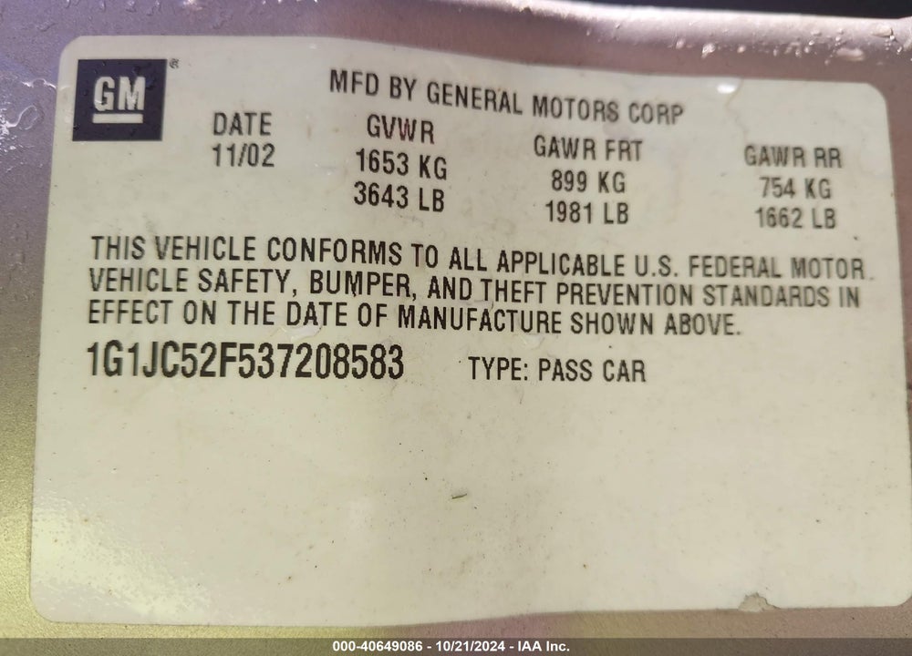 2003 CHEVROLET CAVALIER VIN: 1G1JC52F537208583