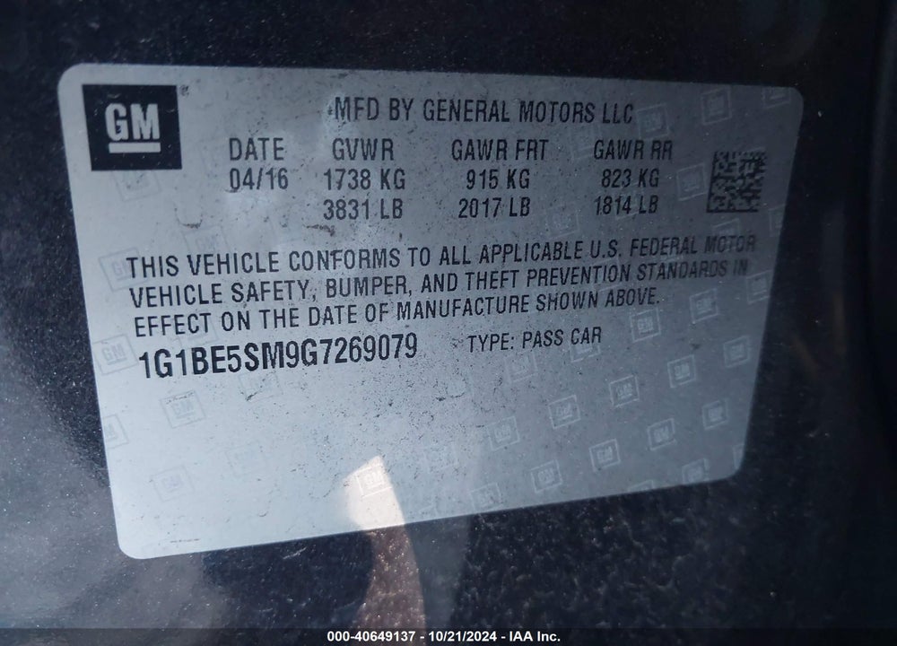 2016 CHEVROLET CRUZE VIN: 1G1BE5SM9G7269079