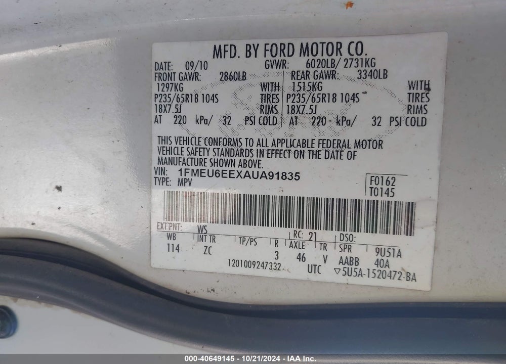 2010 FORD EXPLORER EDDIE BAUER VIN: 1FMEU6EEXAUA91835